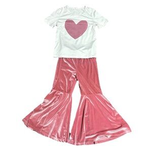Girl’s 7yr Valentine Set Velour Bellbottoms Matching Heart Shirt Holiday Love